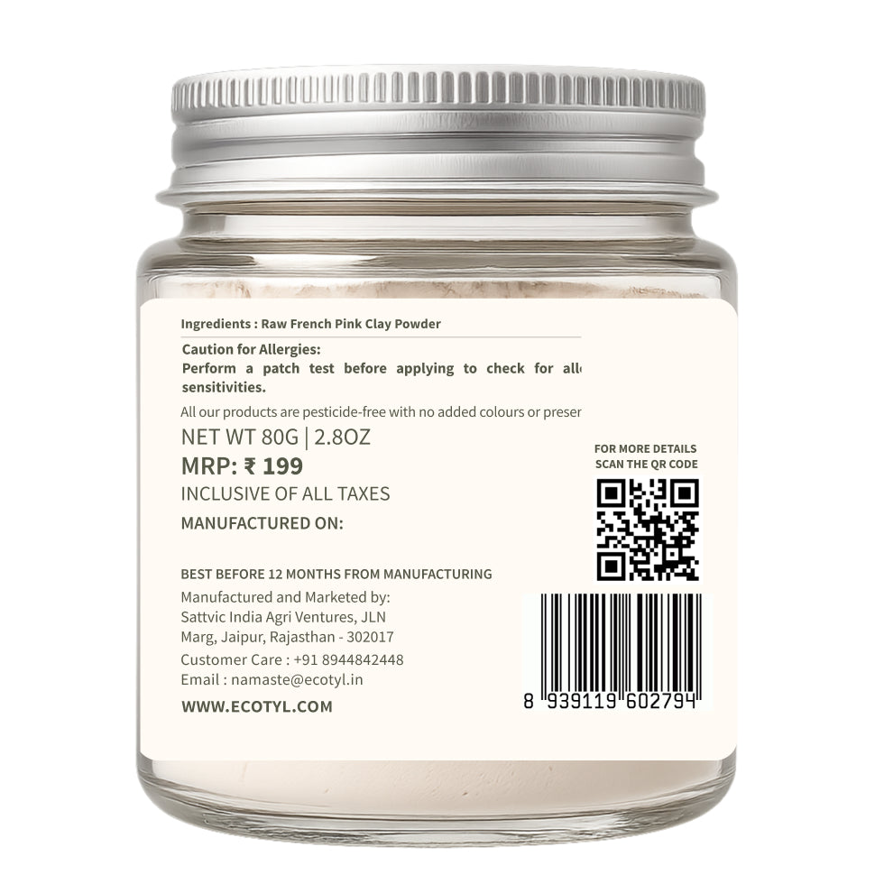 Ecotyl French Pink Clay | Gentle Detox Clay | Skin Brightening | 80g