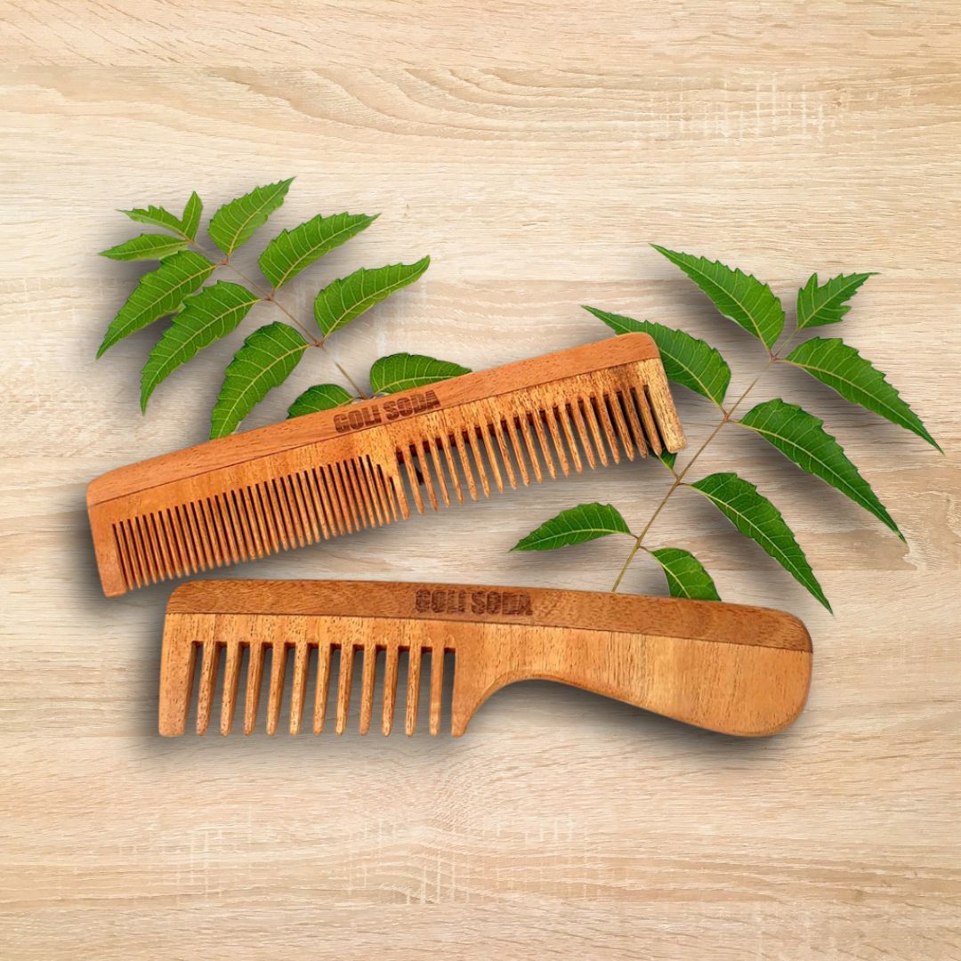 Goli Soda Neem Wood Combs - Wide Tooth with Handle & Double Tooth