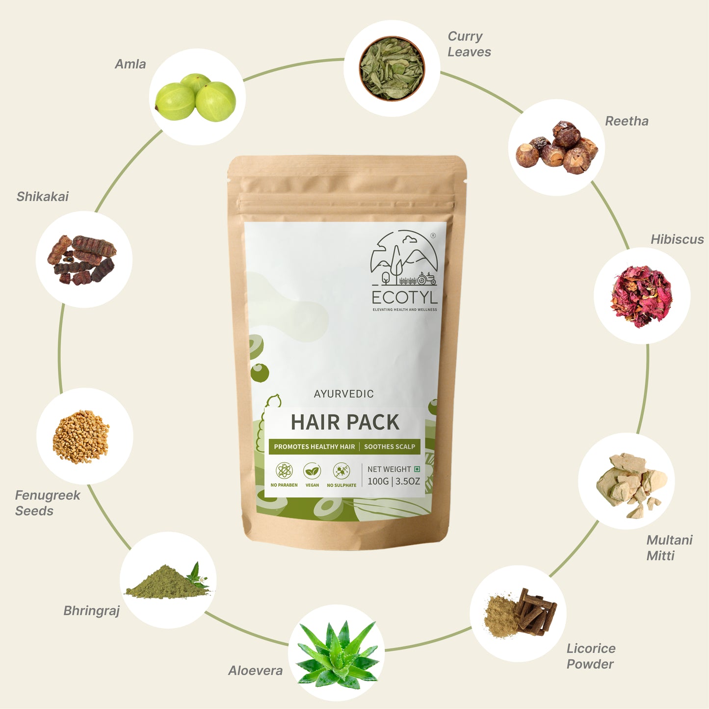 Ecotyl Ayurvedic Hair Pack | For Hair Conditioning & Strengthening | Blend of 10+ Herbs | 100g