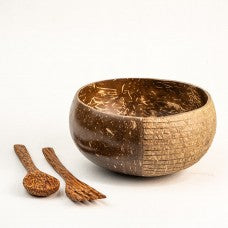 Thenga Artisan Jumbo Polished Coconut Bowl + Spoon & Fork, 100% Natural | Perfect For Breakfast - Smoothie - Salad | 900 Ml