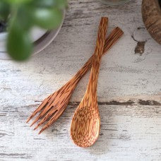 Thenga Coconut Wood Spoon & Fork (2 Spoon + 2 Fork) | Eco Friendly, Natural & Handmade