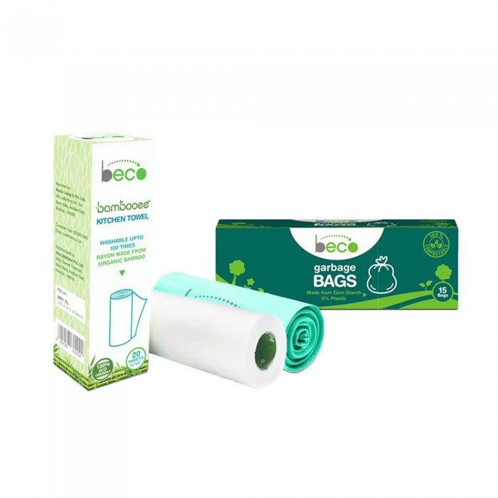 Beco Kitchen Care Bundle Bambooee Eco Friendly Reusable Kitchen Towel Roll (20 Sheets) + Beco Compostable Medium Garbage Bags 19 x 21 inches (15 Pieces) -Combo