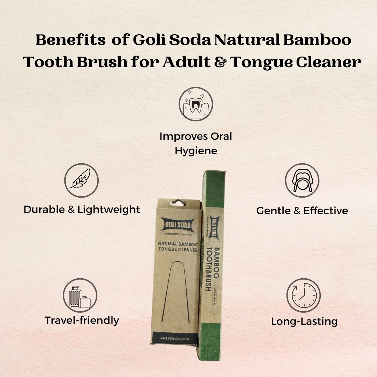 Natural Bamboo Toothbrush with Soft Plant Bristles & Bamboo Tongue Cleaner