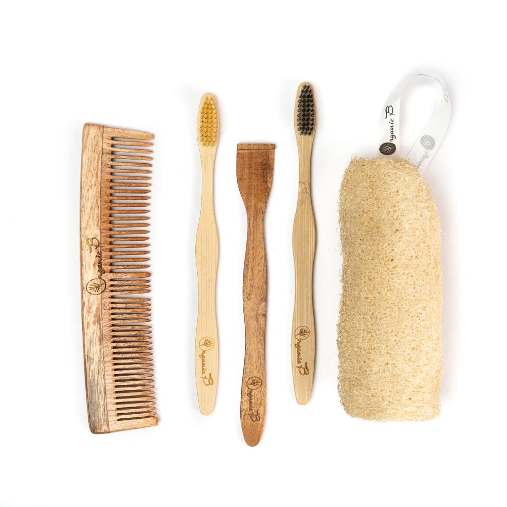 Organic B Organic B Eco-Consious Sutainable Starter Pack | 2 Toothbrushes + Neem Comb + Tongue Cleaner + Loofah