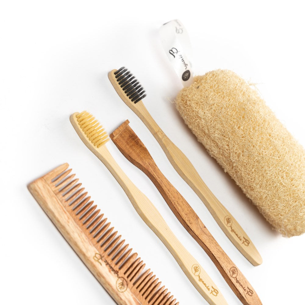 Organic B Organic B Eco-Consious Sutainable Starter Pack | 2 Toothbrushes + Neem Comb + Tongue Cleaner + Loofah