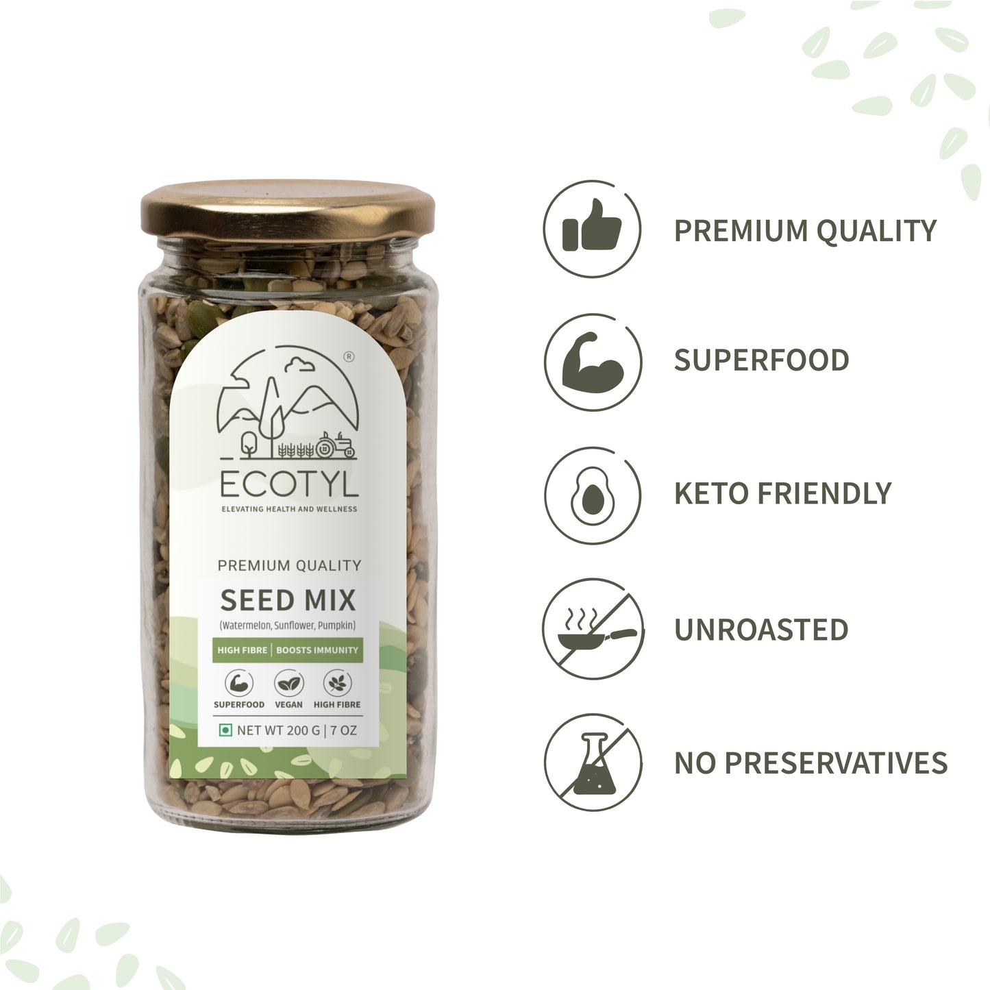 Ecotyl Seed Mix | Sunflower, Pumpkin, and Watermelon Seeds | Unroasted | 200g