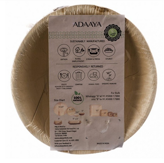 Adaaya Farms Palm Round Bowl 5 inch Set of 10 - Eco Friendly, Bio degradable & Compostable - Suitable for Parties and Events