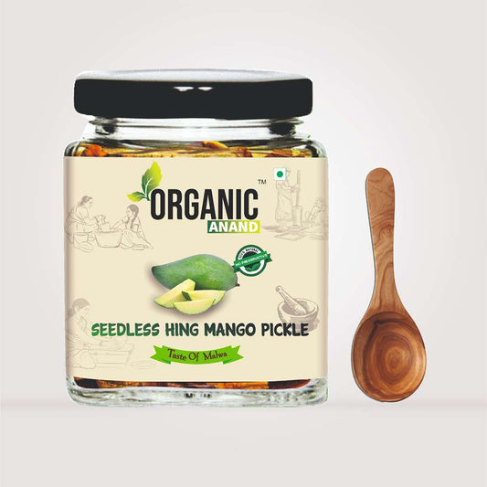 Organic Anand Homemade Seedless Hing Mango Pickles 250gram Oil-Free Traditional Khatta Aam ka Achar with Neemwood Spoon No Preservative