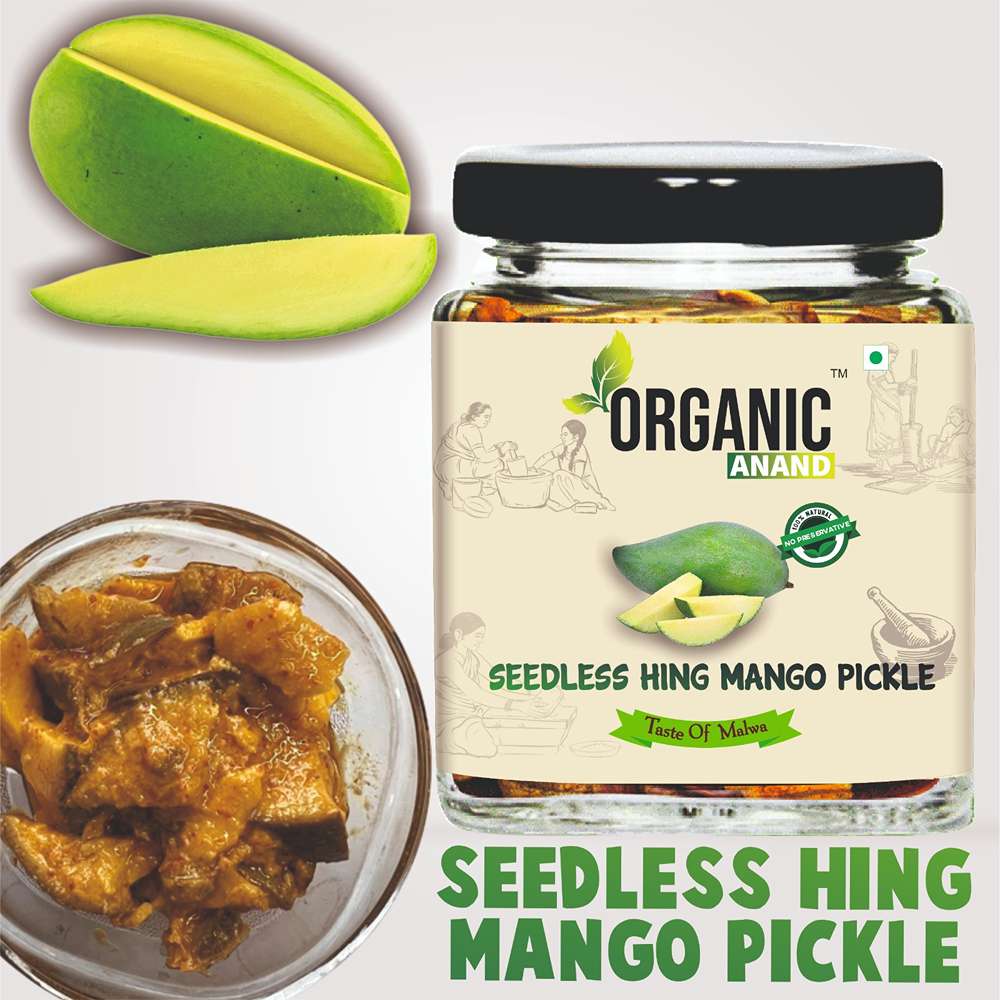 Organic Anand Homemade Seedless Hing Mango Pickles 250gram Oil-Free Traditional Khatta Aam ka Achar with Neemwood Spoon No Preservative