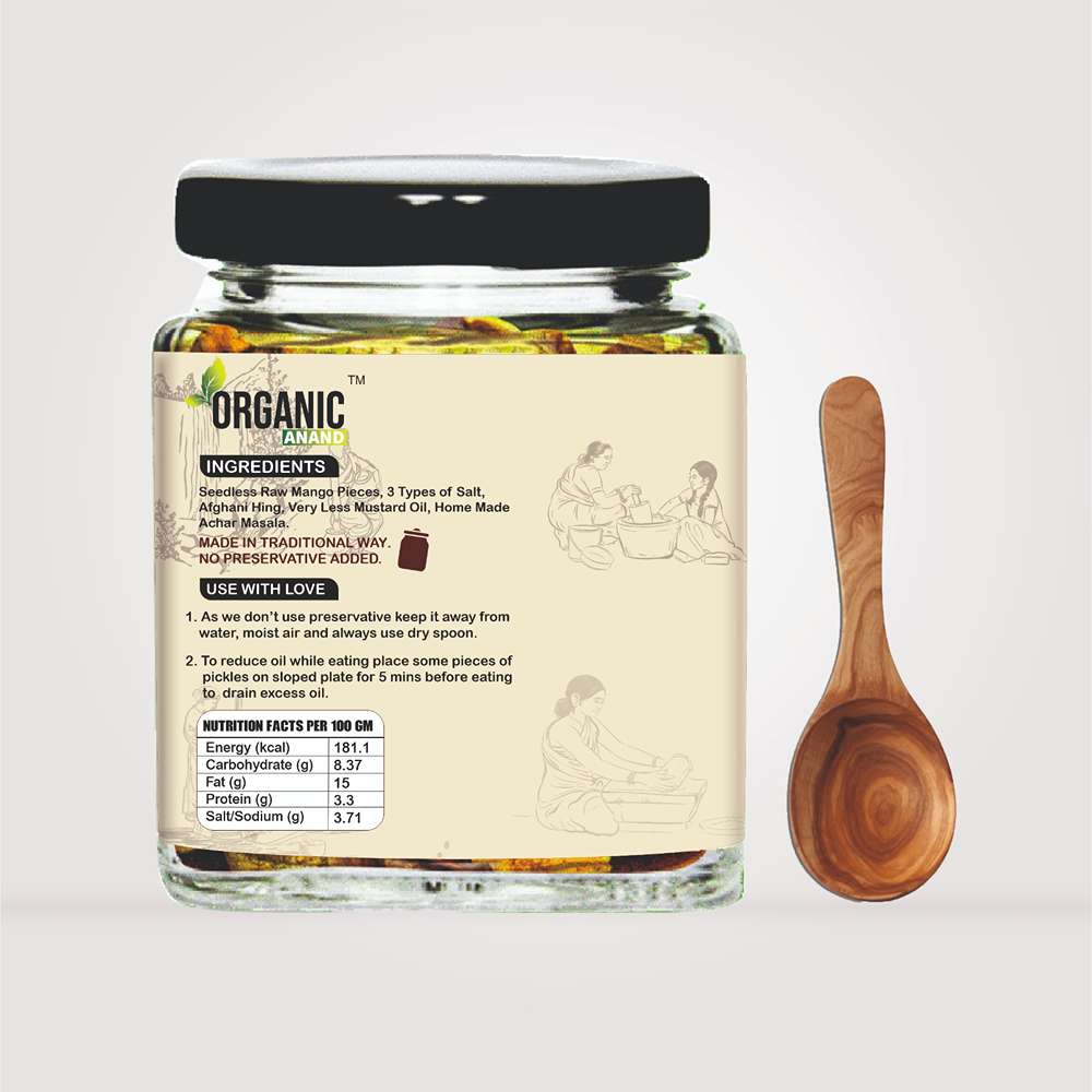 Organic Anand Homemade Seedless Hing Mango Pickles 250gram Oil-Free Traditional Khatta Aam ka Achar with Neemwood Spoon No Preservative