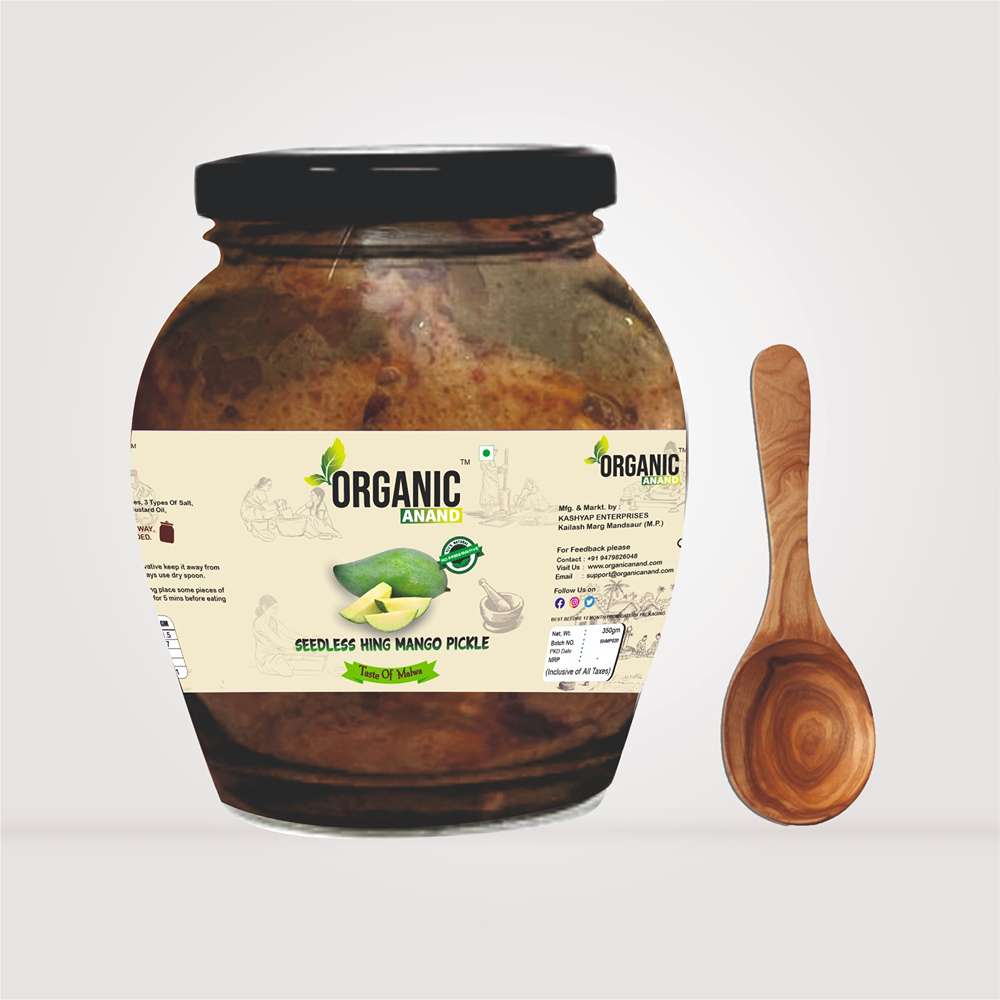 Organic Anand Homemade Seedless Hing Mango Pickles 350gram Oil-Free Traditional Khatta Aam ka Achar with Neemwood Spoon No Preservative