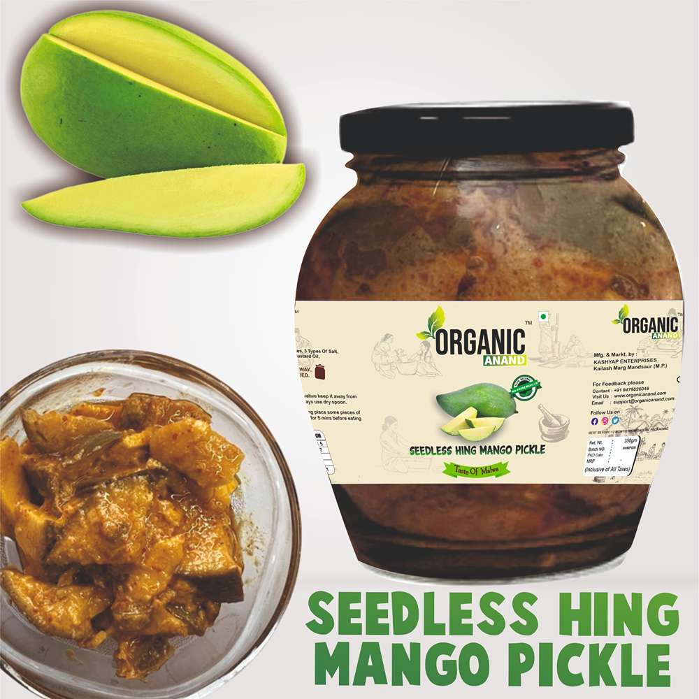 Organic Anand Homemade Seedless Hing Mango Pickles 350gram Oil-Free Traditional Khatta Aam ka Achar with Neemwood Spoon No Preservative