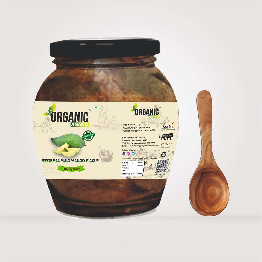 Organic Anand Homemade Seedless Hing Mango Pickles 350gram Oil-Free Traditional Khatta Aam ka Achar with Neemwood Spoon No Preservative