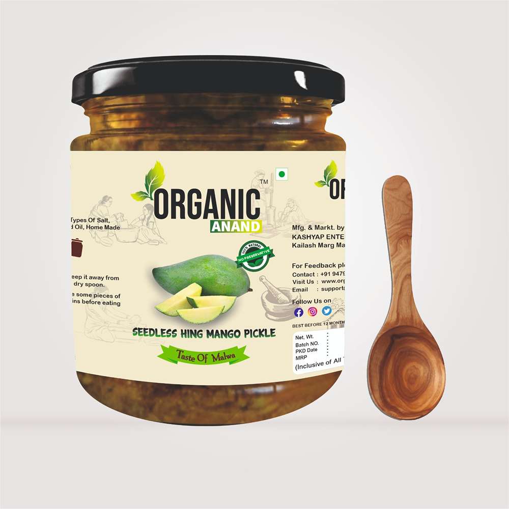 Organic Anand Homemade Seedless Hing Mango Pickles 500gram Oil-Free Traditional Khatta Aam ka Achar with Neemwood Spoon No Preservative