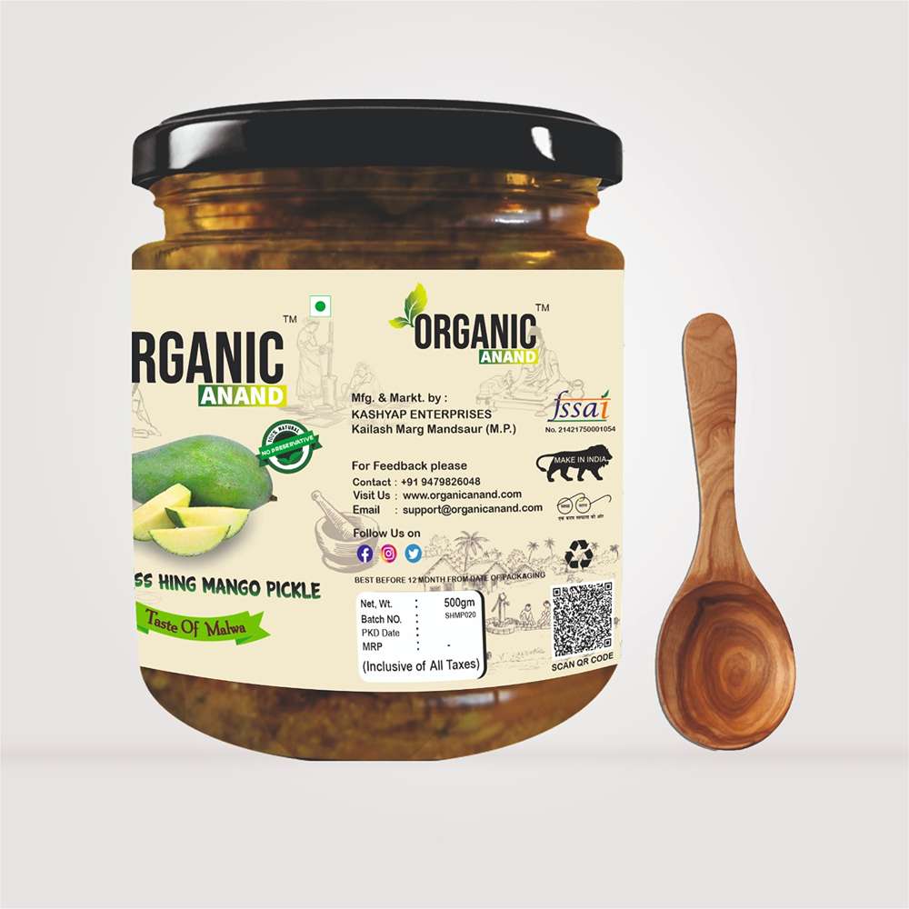 Organic Anand Homemade Seedless Hing Mango Pickles 500gram Oil-Free Traditional Khatta Aam ka Achar with Neemwood Spoon No Preservative