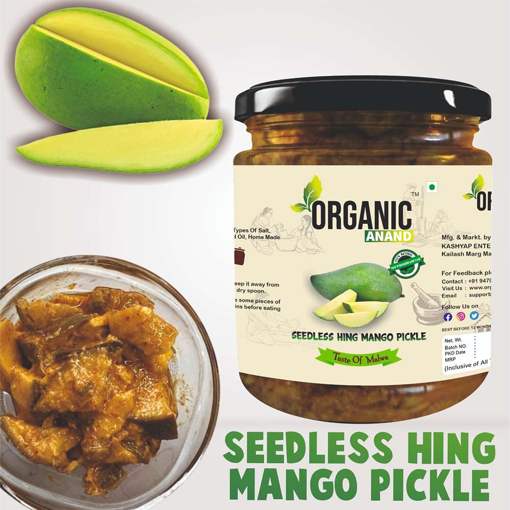 Organic Anand Homemade Seedless Hing Mango Pickles 500gram Oil-Free Traditional Khatta Aam ka Achar with Neemwood Spoon No Preservative